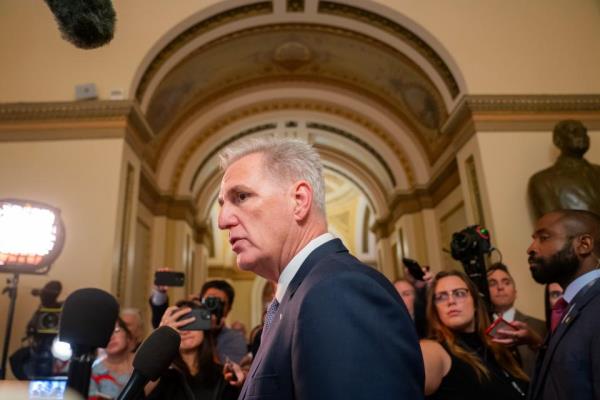 House Speaker Kevin McCarthy, R-Calif., speaks with members of the media in the U.S. Capitol on September 30, 2023 in Washington, DC.