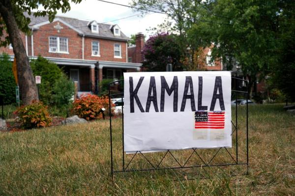 A handmade sign for Vice President Kamala Harris appears on a lawn, Sunday, July 21, 2024, in Washington.