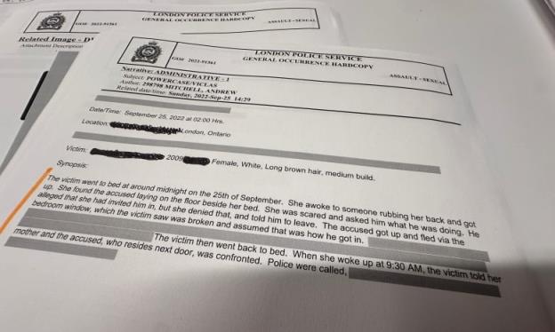 The police report taken by an officer after a 13-year-old girl reported waking to find her 27-year-old neighbour in her bedroom in the middle of the night.