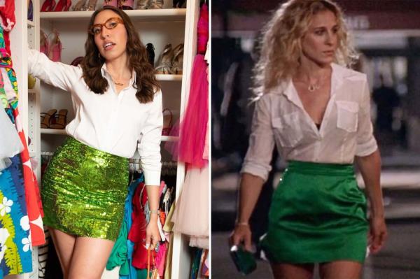 Sarah Jessica Parker wearing a green skirt and white shirt