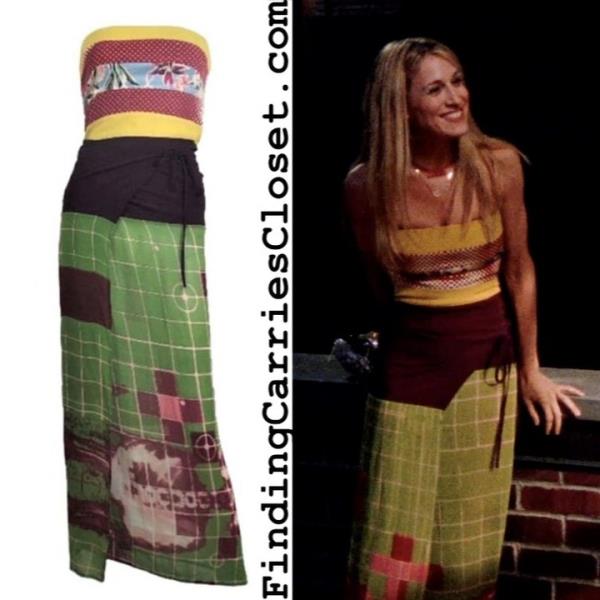 Sarah Jessica Parker wearing a Jean Paul Gaultier patchwork wrap dress and holding a swan bag by Judith Leiber