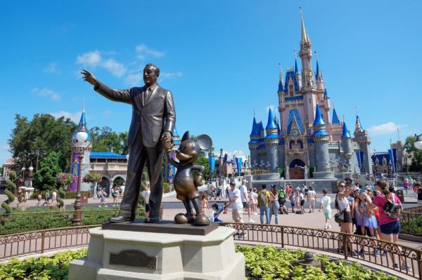 Walt Disney and Mickey Mouse statue at Disney World.