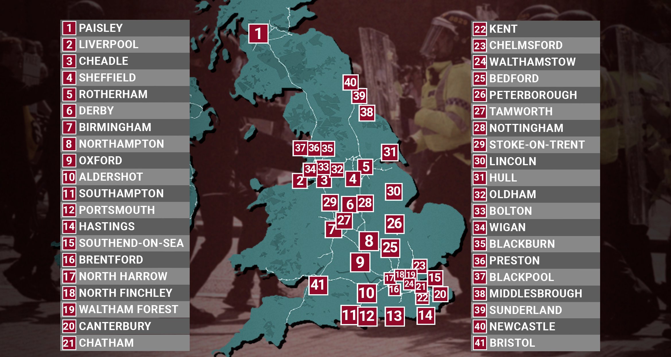 A map of protests planned across the UK on Wednesday, August 7