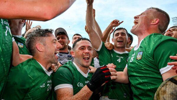 Limerick players celebrate after the 2023 Munster SHC final victory over Clare. Photo by Ray McManus/Sportsfile