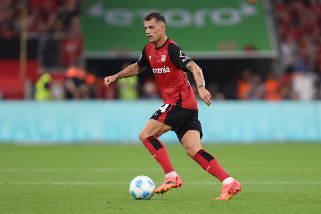 Granit Xhaka of Bayer 04 Leverkusen controls the ball during the Bundesliga match between Bayer 04 Leverkusen and RB Leipzig 