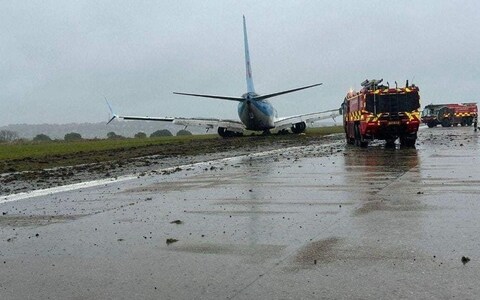 The TUI flight from Corfu came to a standstill on boggy grassland leaving more than a hundred passengers stranded