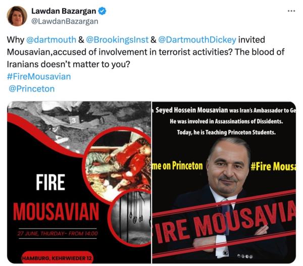 Post on X featuring photo of Syed Hossein Mousevian and murdered dissidents.