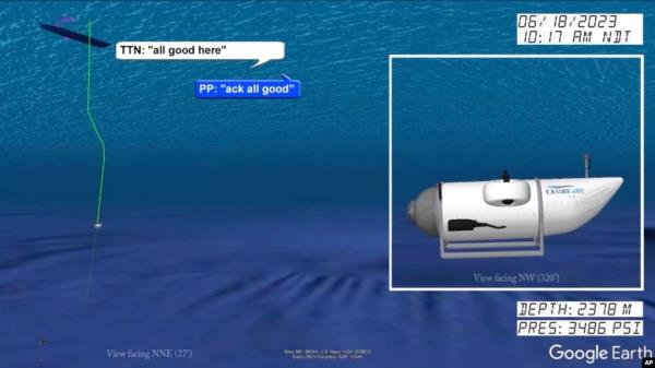 In a still from from an animation provided by the U.S. Coast Guard an illustration of the Titan submersible is shown near the floor of the Atlantic Ocean, as June 18, 2023, communications between the sub and a support vessel are represented at left.
