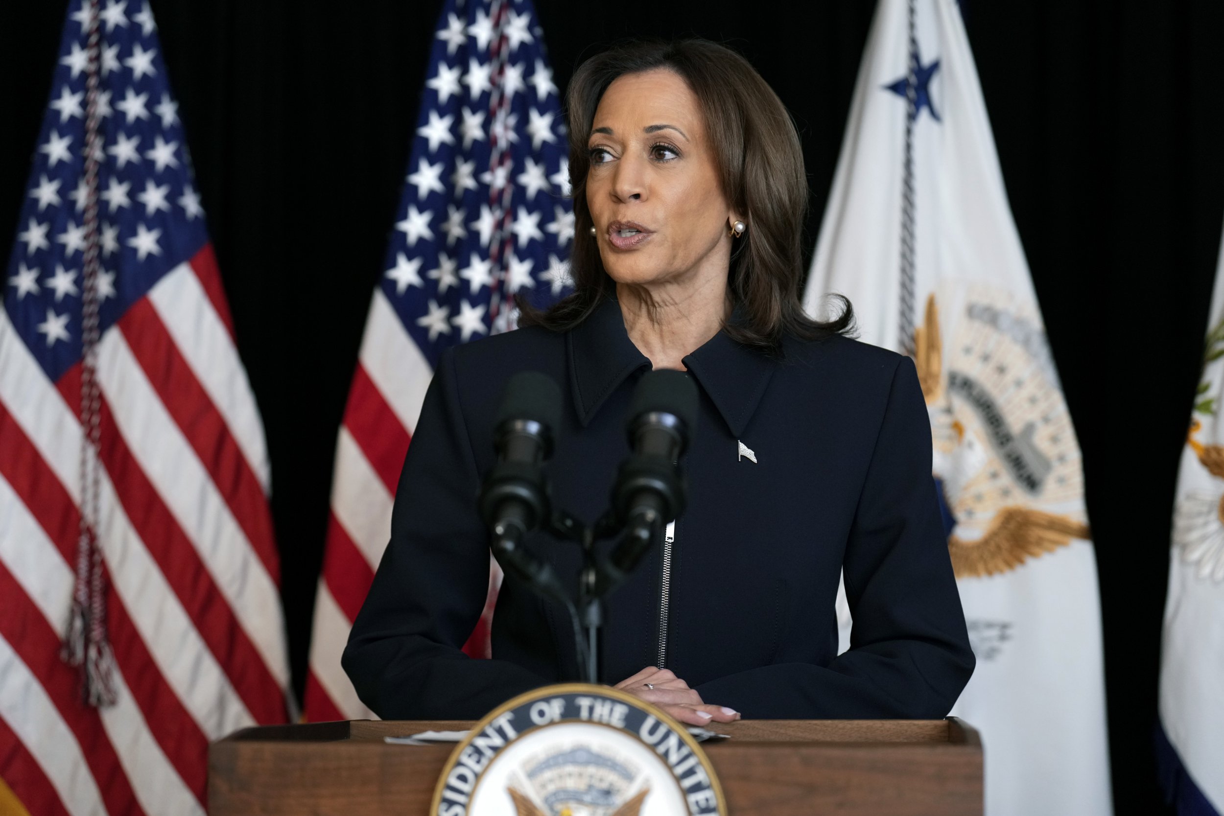 Vice President Kamala Harris speaks to members of the media in Washington, DC