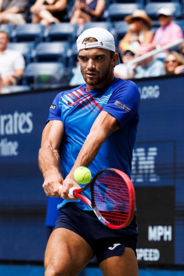 Tomas Machac hits a shot against Sebastian Korda during a U.S. Open match on Aug. 29, 2024.
