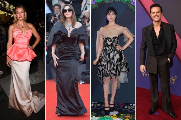 Collage of celebrities Kate Hudson, Monica Bellucci, Jenna Ortega and Andrew Scott wearing Vivienne Westwood at various events