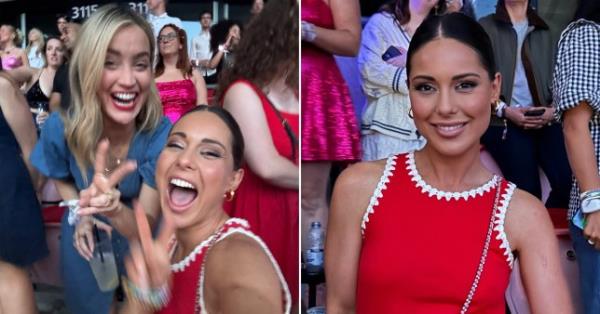 Louise Thompson flashing the peace sign with Laura Whitmore at a Taylor Swift concert