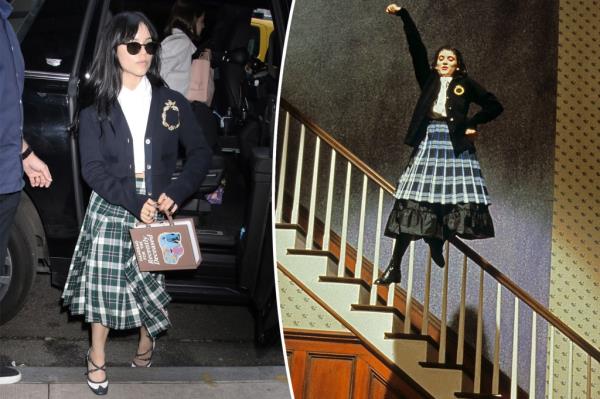 Ortega in a Thom Browne set 