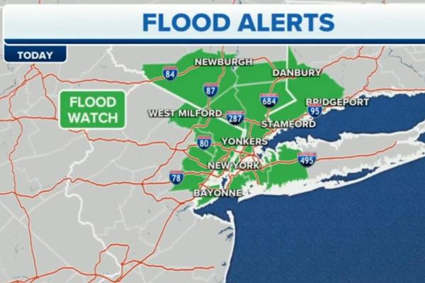 Weather map shows flood alerts through NYC and the NorthEast.