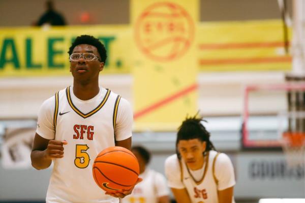 Bryce James (5) prepares to shoot a free throw against Team Boo Williams during the Nike Elite Youth Basketball League session one.