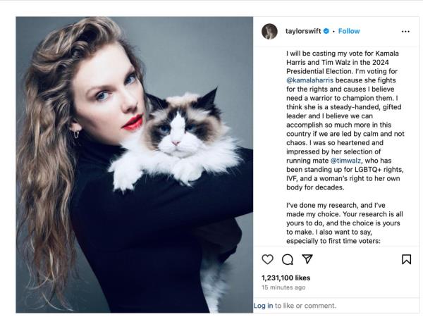 Swift posted the endorsement on her Instagram account on Tuesday night, signing it "childless cat lady."