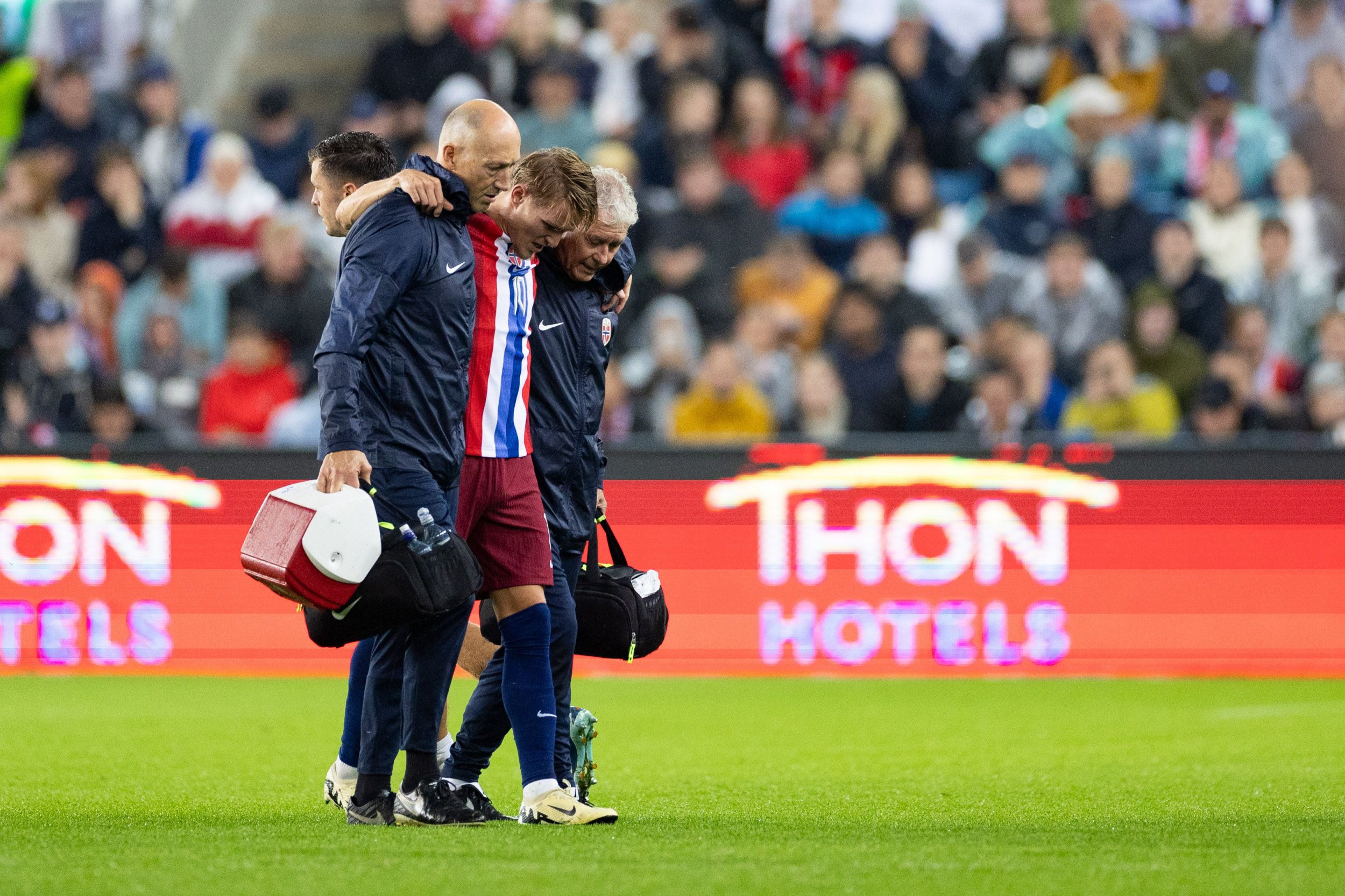 Martin Odegaard hobbles off the pitch with an injury whilst playing for Norway in the Nations League