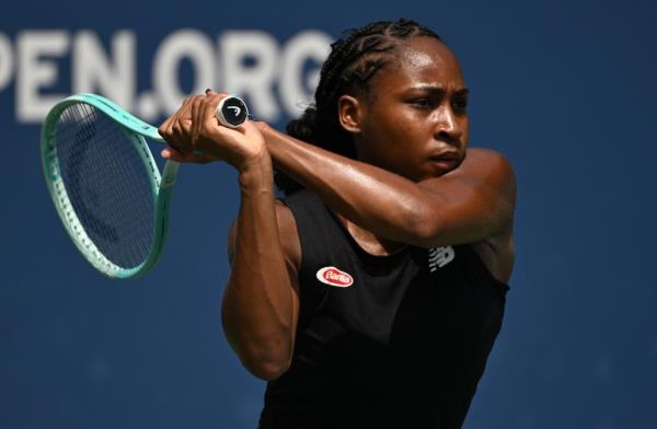 Coco Gauff hits a backhand during a U.S. Open practice session on Aug. 24, 2024.