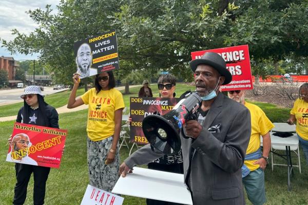 Joseph Amrine, a former inmate on death row in Missouri, spoke at a rally in support of Marcellus Williams' fight for clemency.