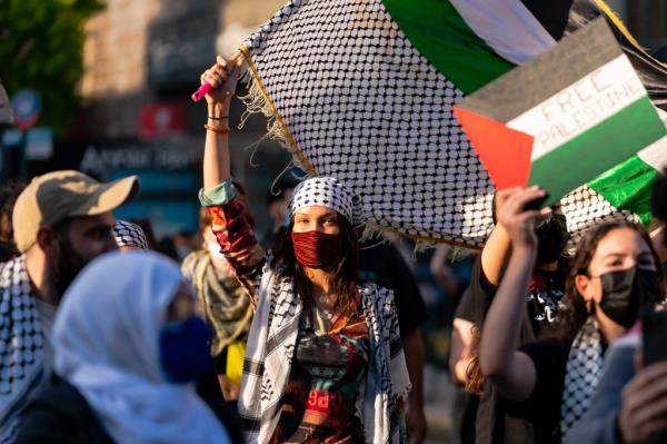 Bella Hadid was spotted at a pro-Palestinian protest in New York City on May 16, 2021.