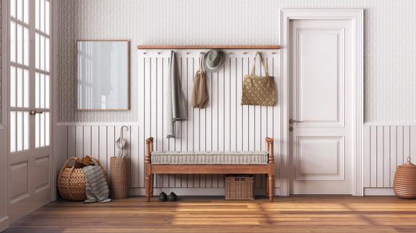 Nordic farmhouse hallway in white and beige tones. Wooden bench and coat rack. Glass, wallpaper and entrance door, scandinavian interior design, 3d illustration