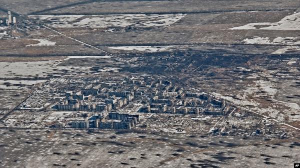 FILE - An aerial view of Vuhledar, the site of heavy battles with the Russian troops in the Donetsk region, Ukraine, Feb. 10, 2023. (AP Photo/Libkos)
