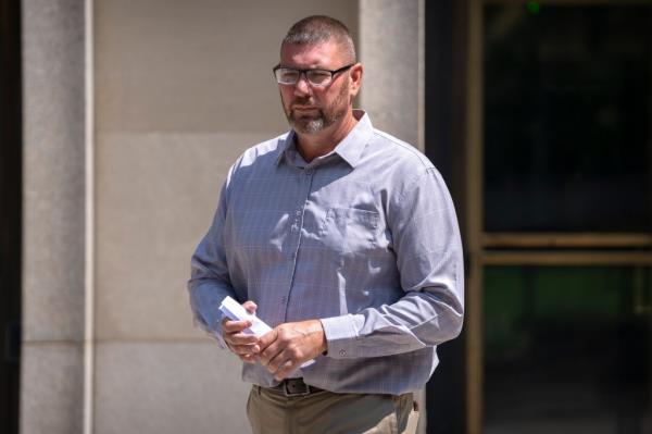 Michael Sparks, the first rioter to enter the Capitol on Jan. 6, 2021, leaves federal court on Tuesday, Aug. 27, 2024, in Washington