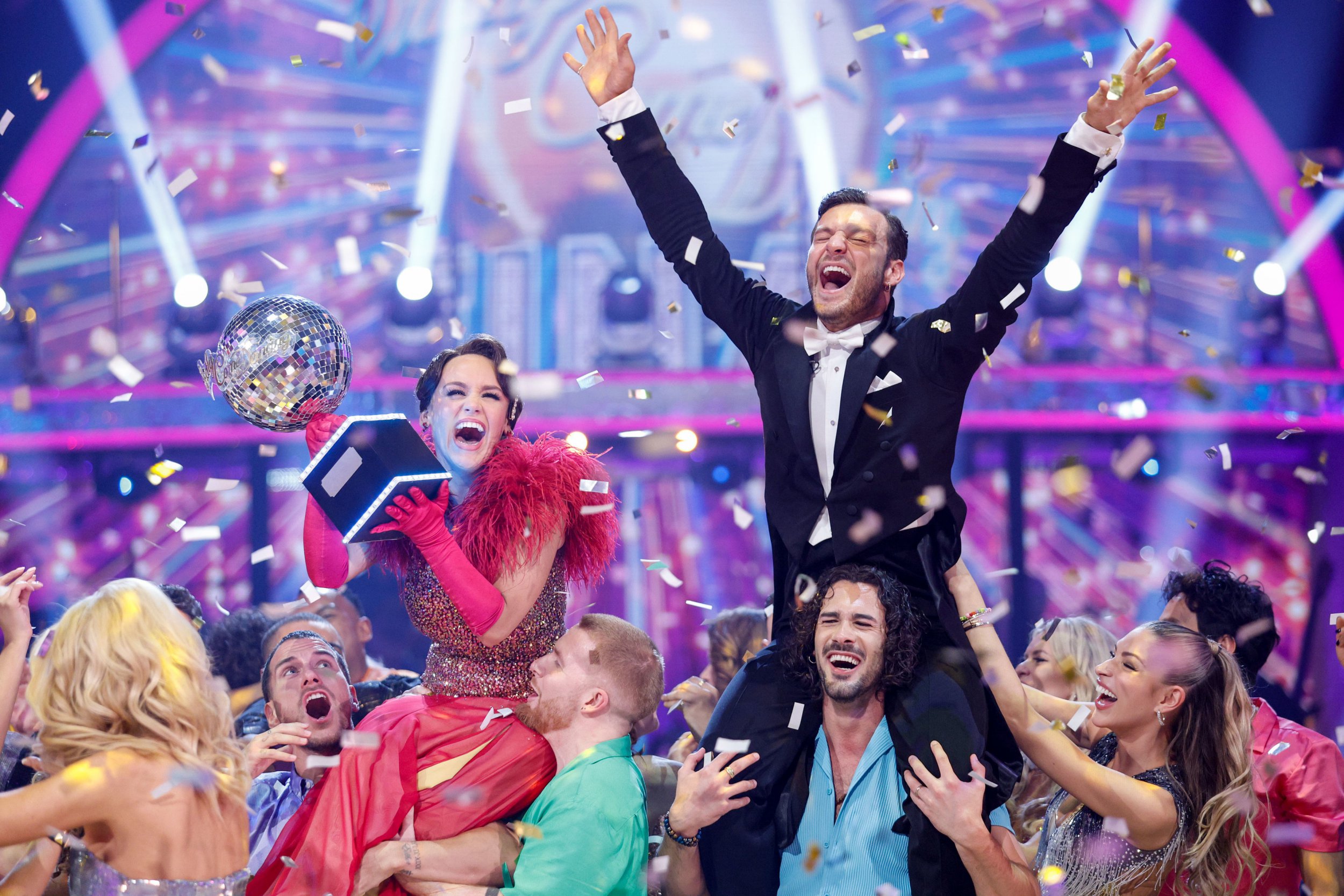 Ellie Leach and Vito Coppola cheering as they win Strictly Come Dancing