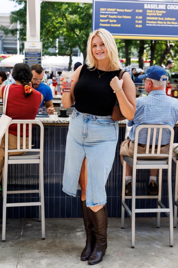 Gail Leblanc holding a Honey Deuce cocktail at the 2024 US Open Championships in Flushing, New York