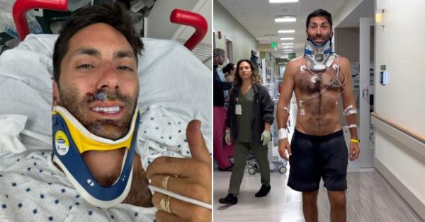 Nev Schulman is seen in hospital in a neck brace