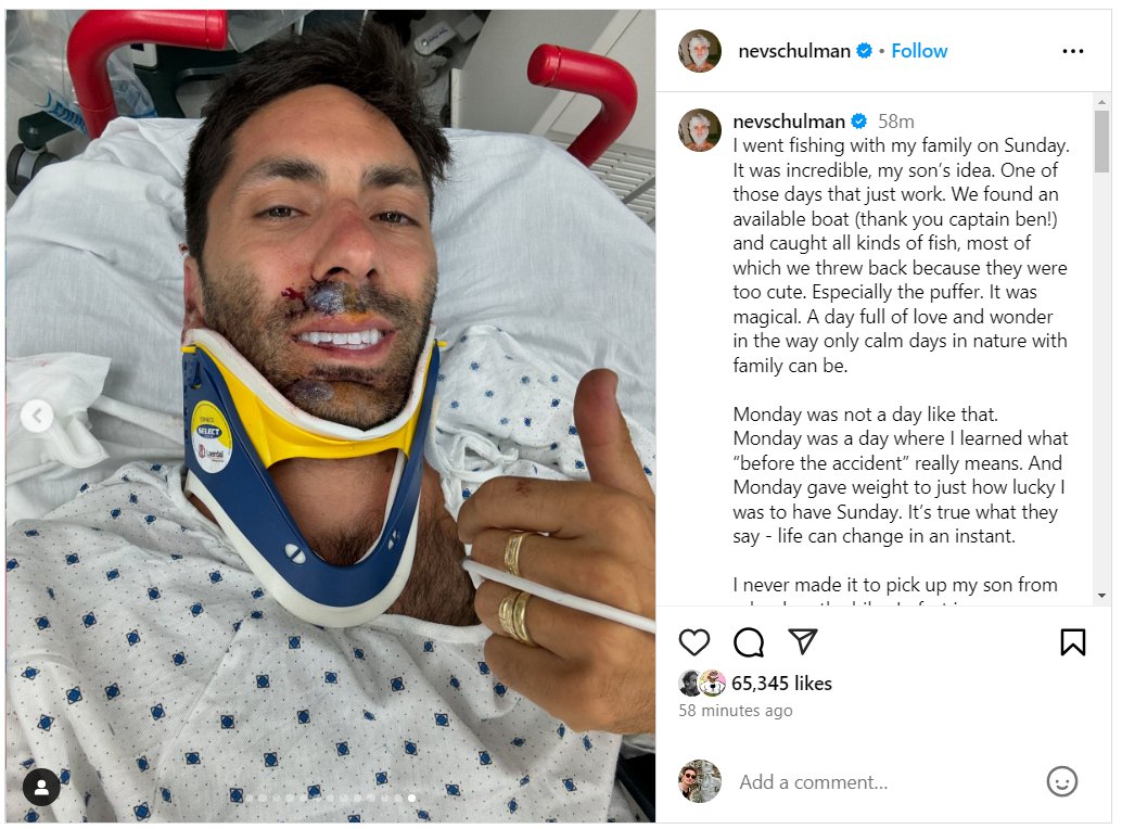 Catfish star Nev Schulman breaks his neck and is pictured in hospital
