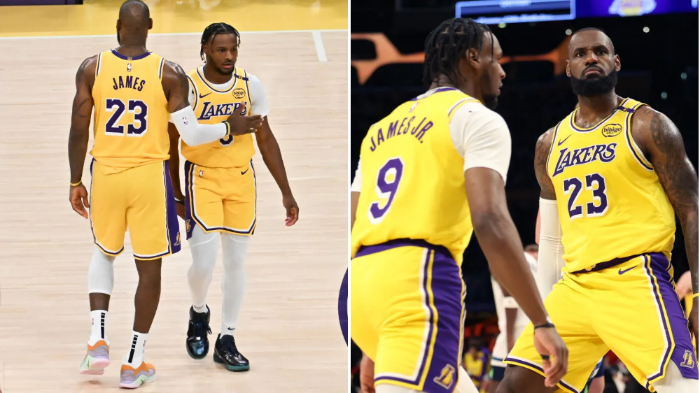 LeBron James and Bronny James during an NBA game