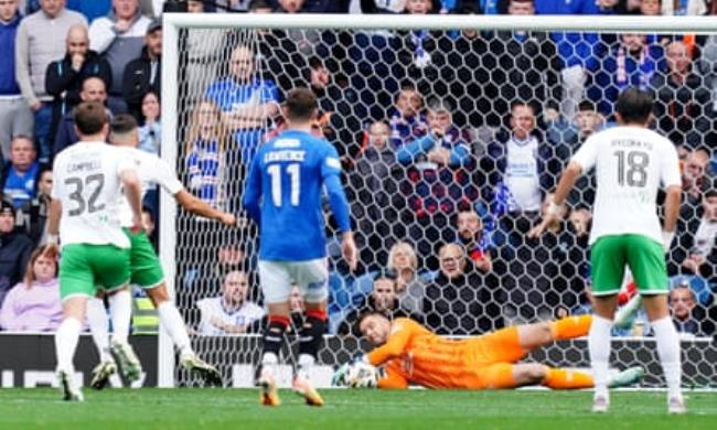 Rangers' Jack Butland saves a penalty against Hibernian