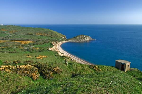 Worbarrow Bay pictured from the clifftop with the coast curving and the sea below
