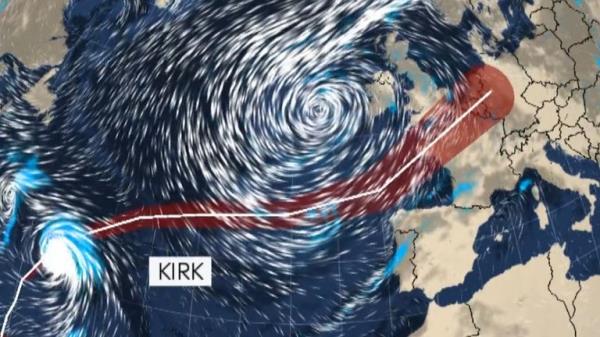 The tracked path of Hurricane Kirk - pictured here with its projected path as of 10pm on Sunday
