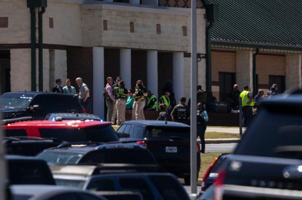 Law enforcement and first responders respond to Apalachee High School in Winder, Georgia, on September 4, 2024, after a shooting was reported.