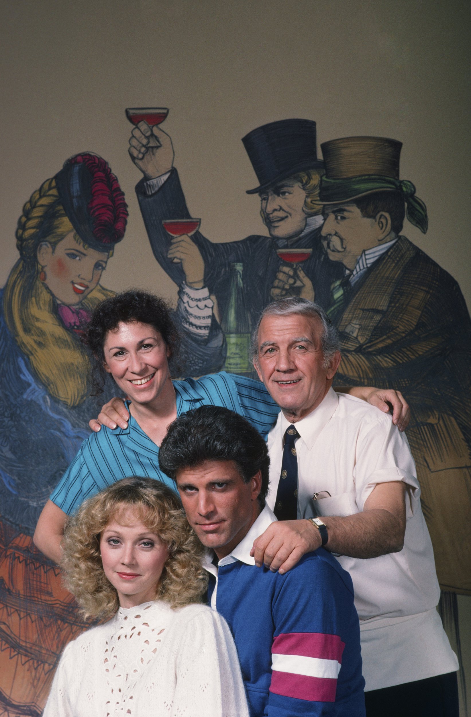 CHEERS cast Shelley Long, Rhea Perlman, Ted Danson, Nicholas Colasanto