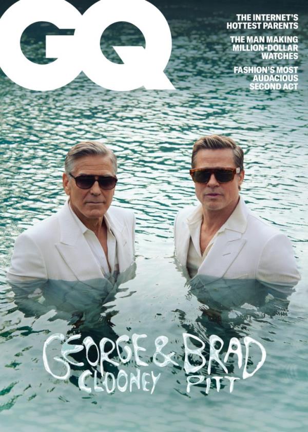 George Clooney and Brad Pitt on the cover of GQ's September issue, posed in water