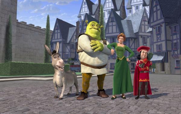 Group image of main characters Donkey, Shrek, Princess Fiona and Lord Farquaad from the animated comedy SHREK