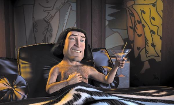 Cartoon image of John Lithgow as Lord Farquaad from Shrek 2001, holding a glass