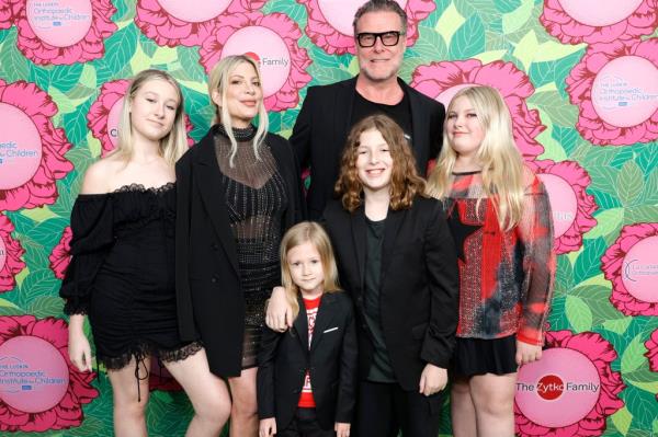 Stella Spelling, Tori Spelling, Beau Spelling, Dean McDermott, Finn Spelling, and  Hattie Spelling attend the Luskin Orthopaedic Institute for Children, Stand for Kids Gala at Universal Studios Hollywood on June 10, 2023 in Universal City, California.