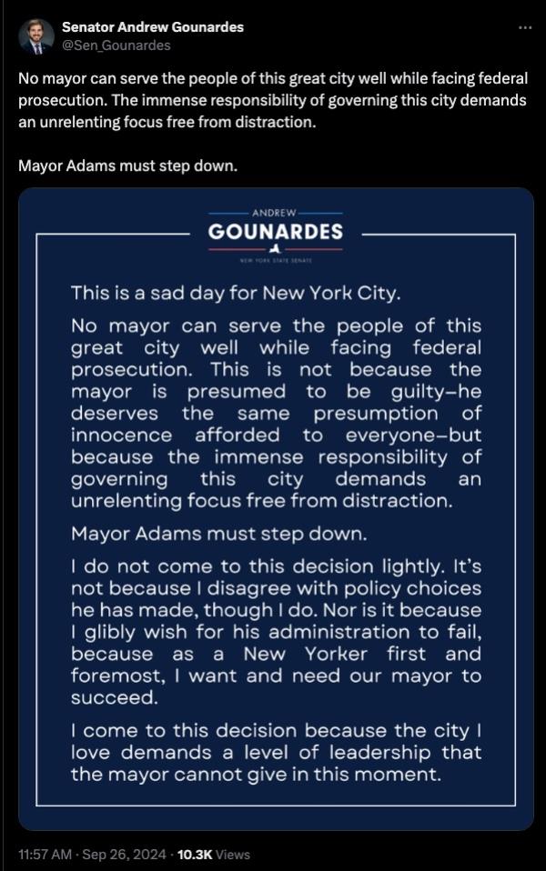 Sen. Gounardes' statement calling for Adams to resign.