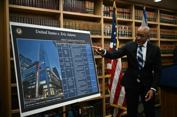 Manhattan US Attorney Damian Williams speaks at a press conference in New York Thursday on the indictment of New York City Mayor Eric Adams.