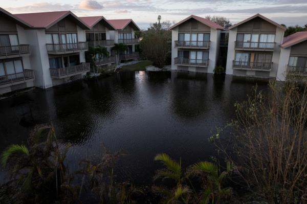 A Drone view of a flooded and damaged Siesta Key, Florida on Oct. 10, 2024