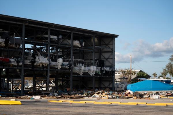 Storm damage at a boat storage facility in Grove City, Florida on Oct. 10, 2024.