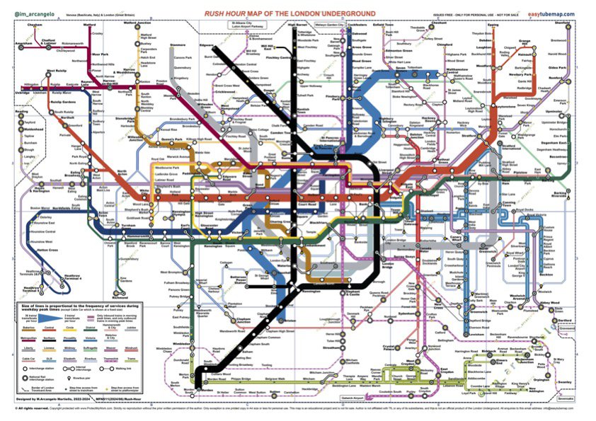 A map by EasyTubeMap.com where the thickness of the lines reflect their frequency during rush hour