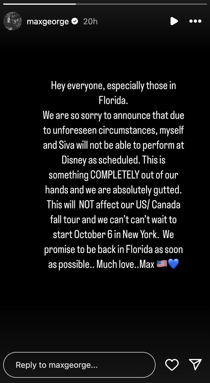 Max George's Instagram announcement cancelling The Wanted 2.0's Florida show's
