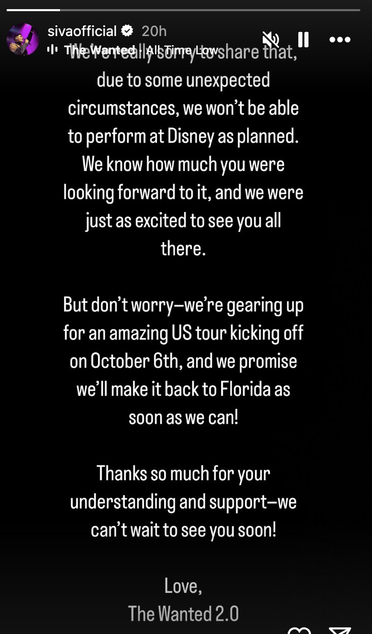Siva Kaneswaran's Instagram announcement cancelling The Wanted 2.0's Florida show's