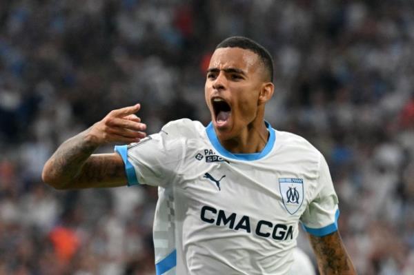 Marseille's English forward #10 Mason Greenwood celebrates after scoring his team's second goal during the French L1 football match between Olympique Marseille (OM) and Stade de Reim at Stade Velodrome in Marseille, southern France on August 25, 2024