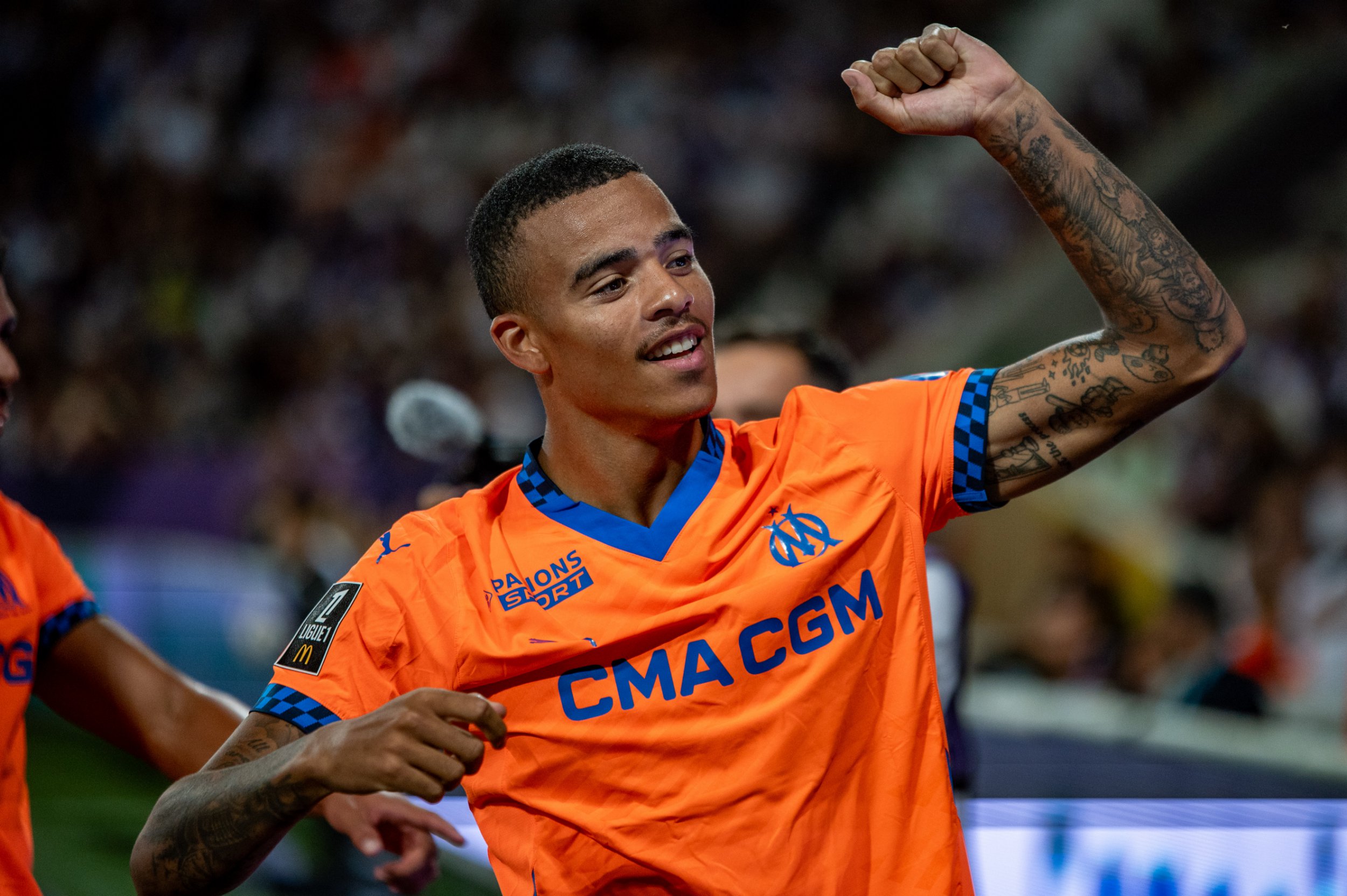 Mason Greenwood Of Marseille celebrating during the French championship Ligue 1 football match between Toulouse FC and Olympique de Marseille on 31 August 2024 at Toulouse stadium in Toulouse, France